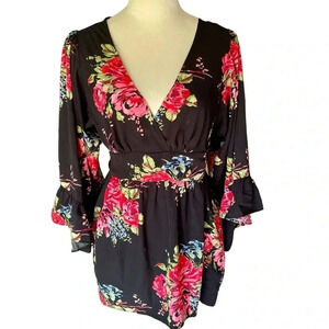 Betsey Johnson Floral Black Top Flutter Babydoll Y2K Flutter Sleeves Women Sz M